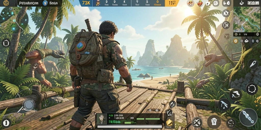 Tangkapan layar gameplay di <strong>73K</strong> menunjukkan petualangan epik di dunia terbuka.