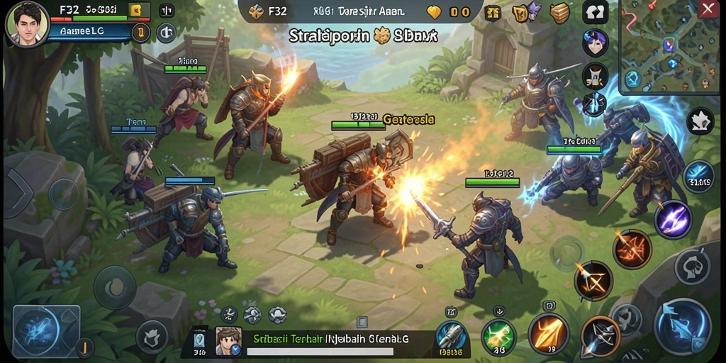 Tangkapan layar utama F32 menampilkan aksi pertempuran seru dalam gameplay SLG.