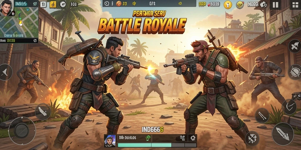 Screenshot utama IND666 menampilkan aksi seru dalam pertempuran Battle Royale.