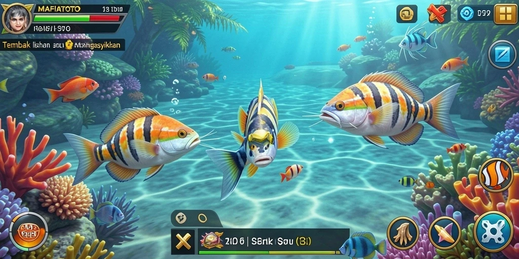Screenshot dari gameplay MAFIATOTO yang menampilkan aksi menembak ikan.