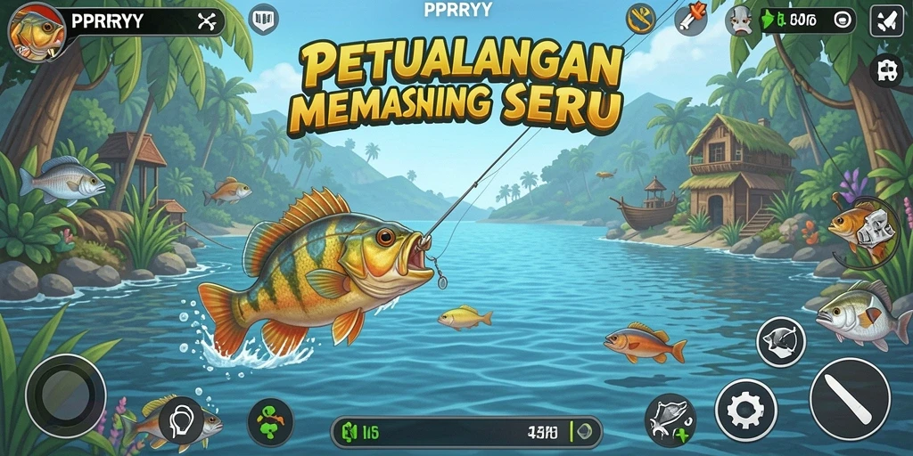 Screenshot gameplay <strong>PPRRYY</strong> menampilkan aksi memancing yang seru di alam terbuka.