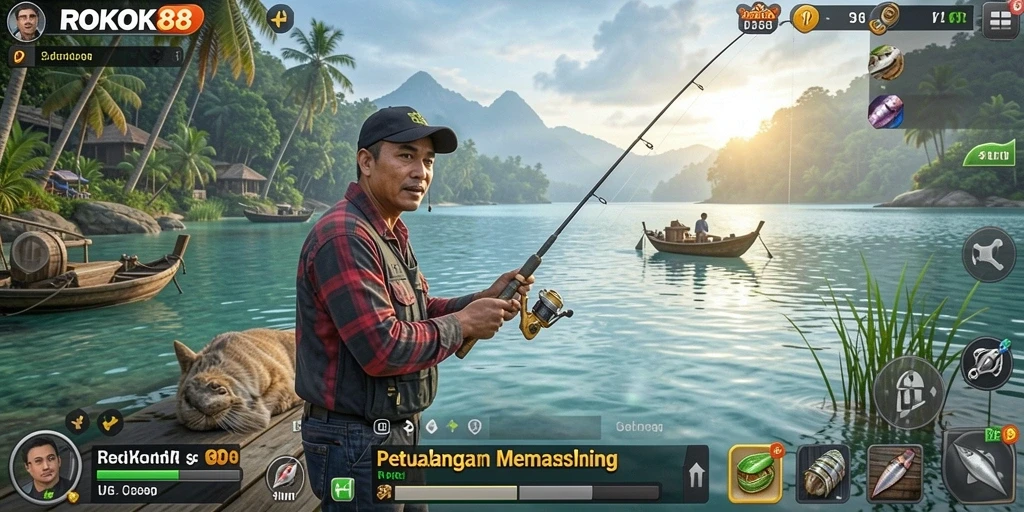 Tampilan gameplay ROKOK88 yang menampilkan berbagai jenis ikan dan suasana memancing.