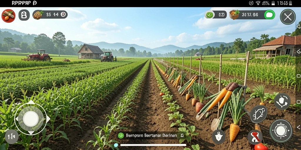Screenshot utama RPRPRP menampilkan petani sedang merawat ladang tanaman.