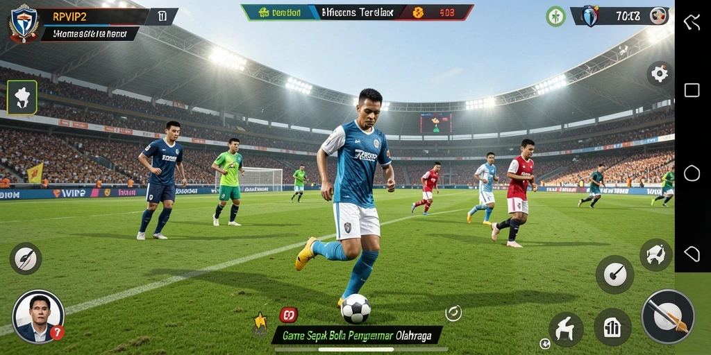 Menampilkan suasana pertandingan sepak bola yang seru.