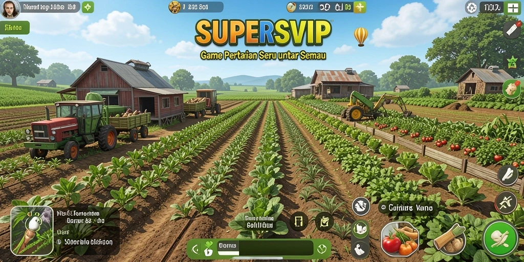 Tampilan gameplay seru di SUPERSVIP dengan lahan pertanian yang luas.