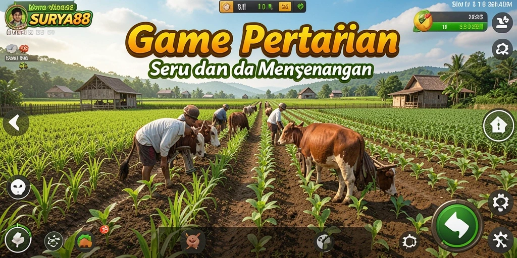Tampilan gameplay seru SURYA88 dengan ladang luas dan aktivitas bertani.