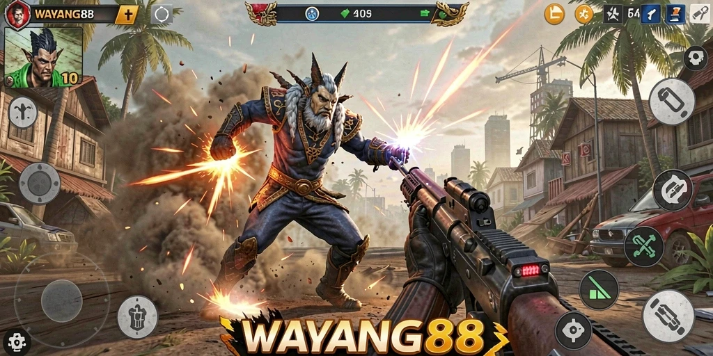 Tampilan seru dari gameplay <strong>WAYANG88</strong> yang menampilkan pertarungan karakter unik.